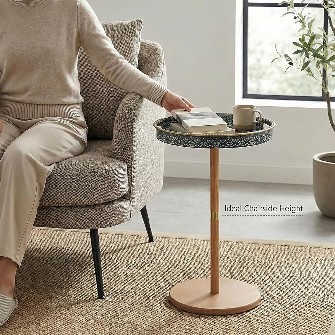 Gesodant Boho Single Leg Round Side Table with Tray Top, Pedestal Drink Table for Small Spaces, Aesthetic Accent Nightstand for Living Room, Bedroom, Corners, and Office (Yellow Leg Blue Maze)