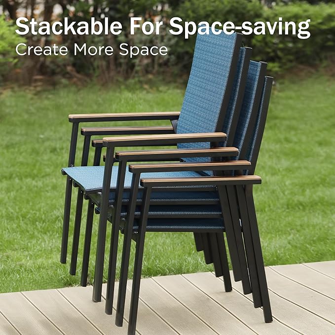 PHI VILLA 7 PCS Patio Dining Set, Aluminum Outdoor Furniture, Patio Table and Chairs for 6, Lightweight Stackable Chairs with Breathable Fabric and Large Square Metal Table for Garden Yard Deck, Blue