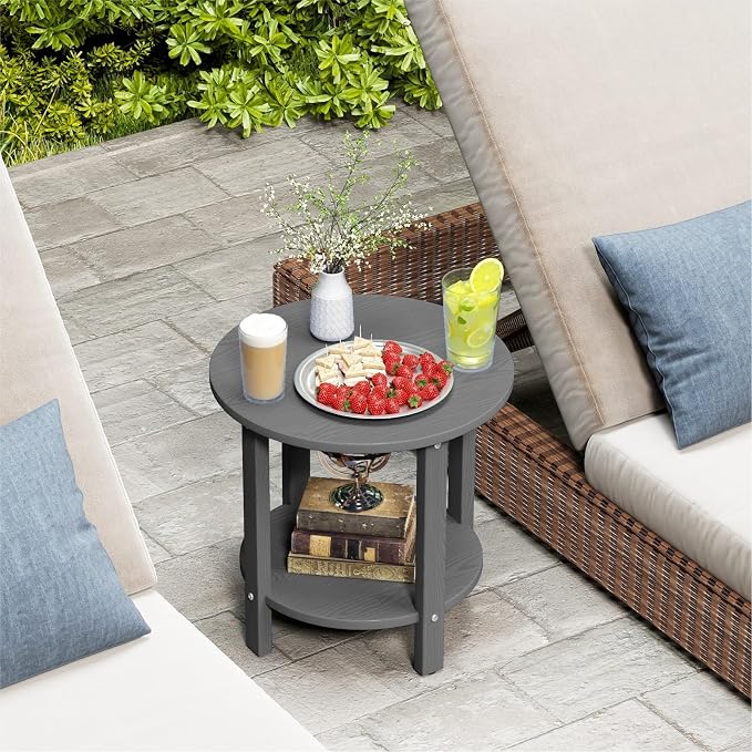 HDPE Round Outdoor Side Table, 18.1-Inch Weatherproof Small Outdoor Table for Adirondack, 2-Tier Patio End Table for Garden Backyard Porch Deck Balcony Poolside (Grey)