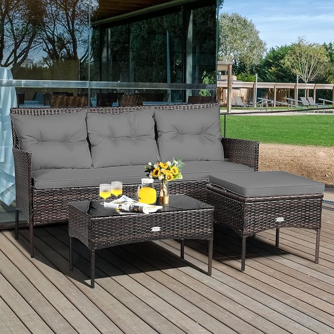 HAPPYGRILL 3 Pieces Patio Furniture Set Outdoor Rattan Conversation Set with Coffee Table, Seat & Back Cushions, Sectional Sofa Set for Poolside Balcony Backyard