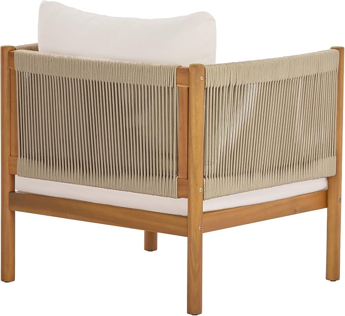 Merax Outdoor Club Chair with Acacia Wood Frame in Teak Look, Beige Rope Panels & Cream Water-Repellent Cushions for Patio & Garden