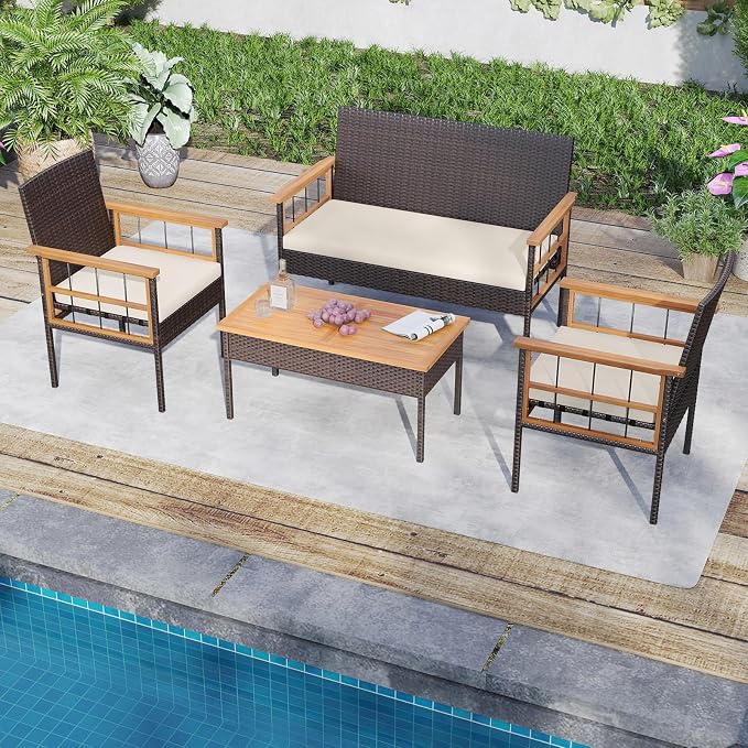 HAPPYGRILL Patio Furniture Set Outdoor Rattan Wicker Conversation Set with Acacia Wood Coffee Table, Chairs, Loveseat & Cushions, for Porch, Garden, Backyard, Poolside (4 Pieces)