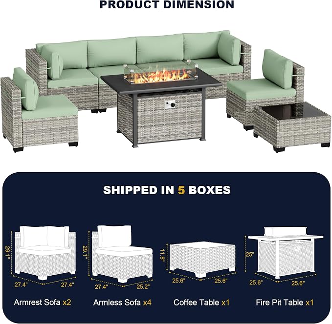 8-Piece Outdoor Patio Furniture Set with 55,000 BTU Fire Pit Table, PE Wicker Rattan Sectional Sofa Conversation Set - All-Weather Garden, Backyard Furniture, Light Green