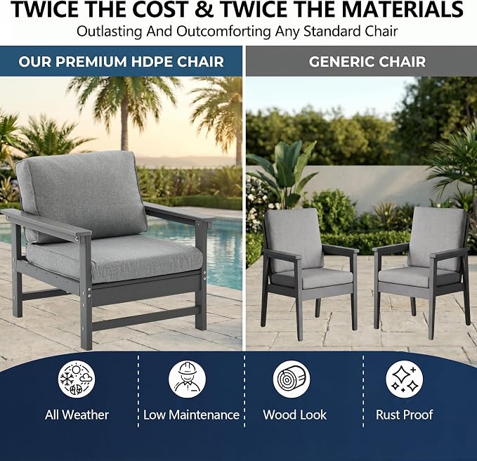 5-Piece Outdoor Patio Furniture Set, HDPE Conversation Set with 4 Ergonomic Armchairs & Large Coffee Table, Waterproof & UV-Resistant Outdoor Chairs with Cushions for Garden, Deck