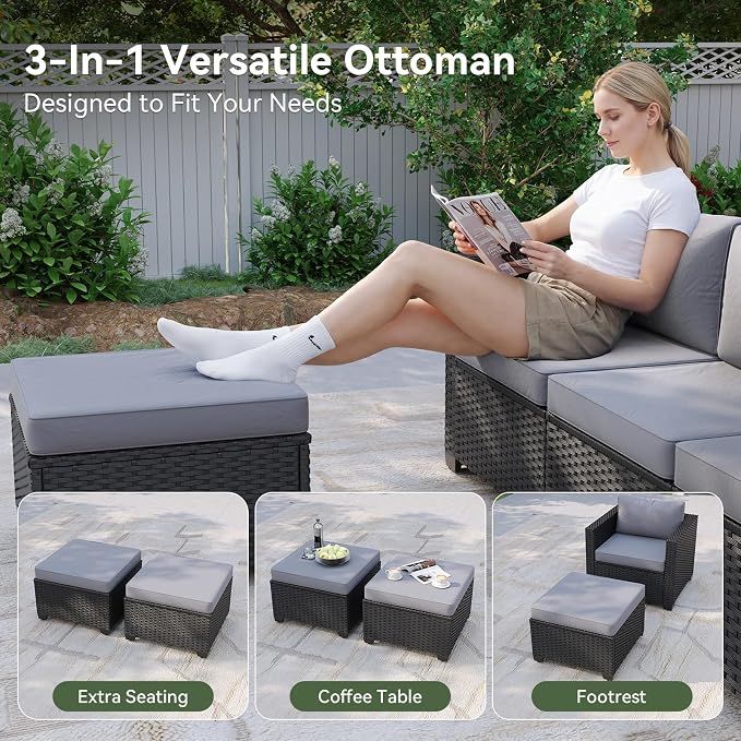 Aoxun 7 Piece Patio Furniture Set with Fire Pit Table, 10 Seats Outdoor Furniture Set with Wicker Ottomans, Rattan Outdoor Sectional Sofa with Thickened Cushion & Waterproof Cover Grey
