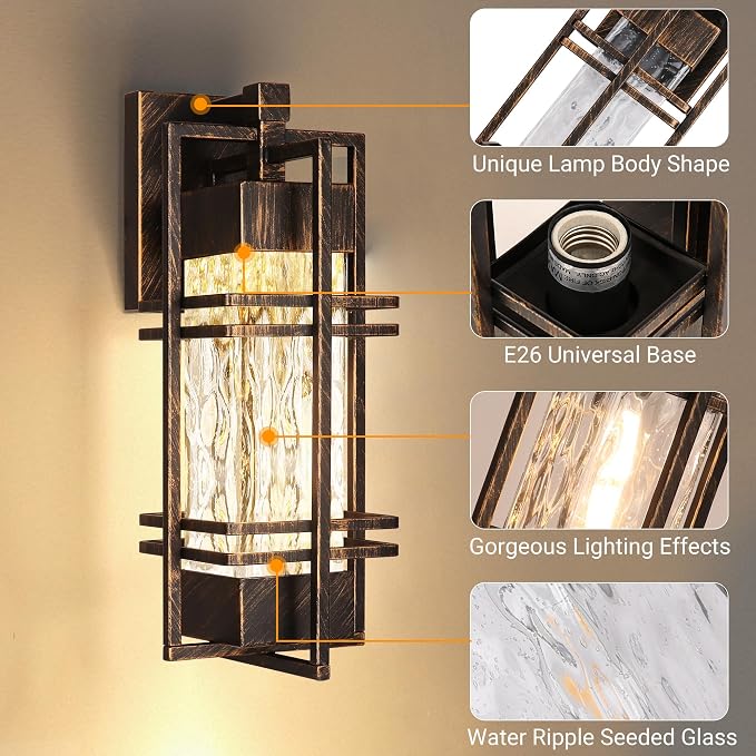 15" Outdoor Porch Light Fixtures Wall Mount, Lantern Lamp,Gold-swept Black | Water Ripple Glass, Rustproof Metal Frame, Waterproof,E26 Base, T30 Bulbs Included, Wall Lantern for Porch, Garage
