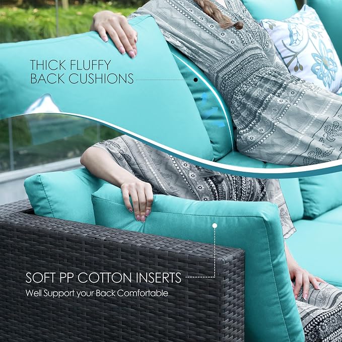 NICESOUL 11 Piece Outdoor Furniture Sets with Natural Gas/Propane Firepit, XXL 10-Seats Patio Sectional, 29.3'' High-Back Backyard Seating, All-Weather Wicker Couch Set for Outside, Deck, Grey & Teal