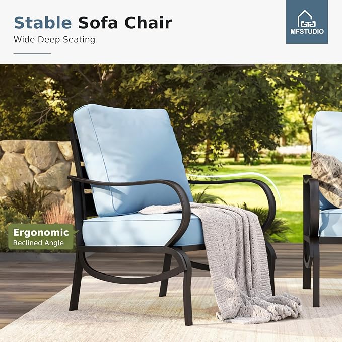 MFSTUDIO Patio Furniture Sets with 45" Gas Fire Pit Table, 8 Pieces Outdoor Metal Conversation Sets with 1 x 3-Seat Sofa, 2 Single Chairs, 2 Swivel Chairs and 2 Ottomans, Blue Cushion