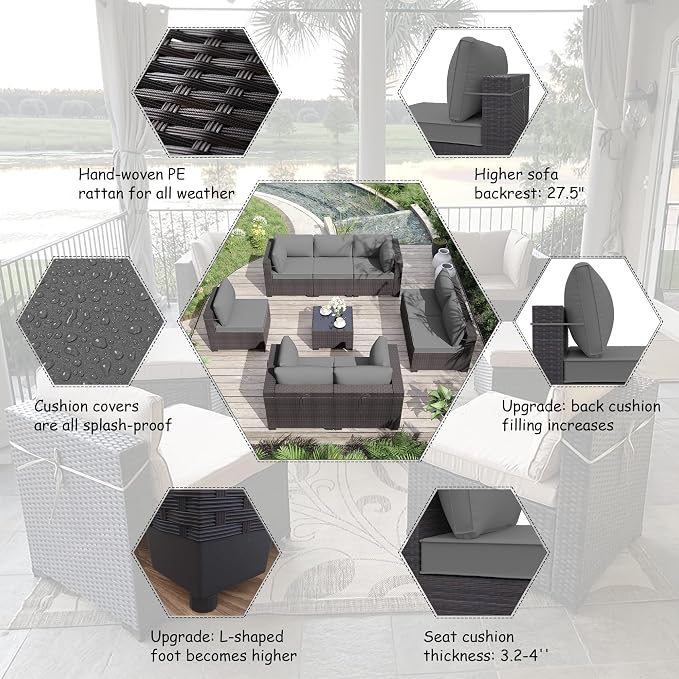 ALAULM 9 Pieces Patio Furniture Set Wicker Patio Conversation Set with 4 Corner Sofas, Outdoor Sectional Furniture w/Coffee Table & Washable Seat Cushions-Grey