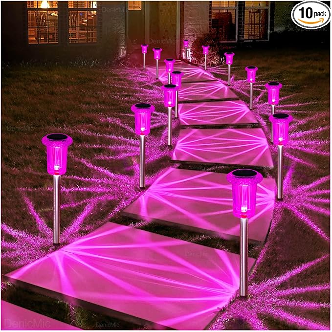 DenicMic Solar Outdoor Lights 10 Pack Pink LED Valentines/Mothers Day Decor | Garden Decor for Outside Yard Patio Flowerbed Pathway Starburst Pattern, Acrylic Diamond-like Lampshade Stainless Steel Pole