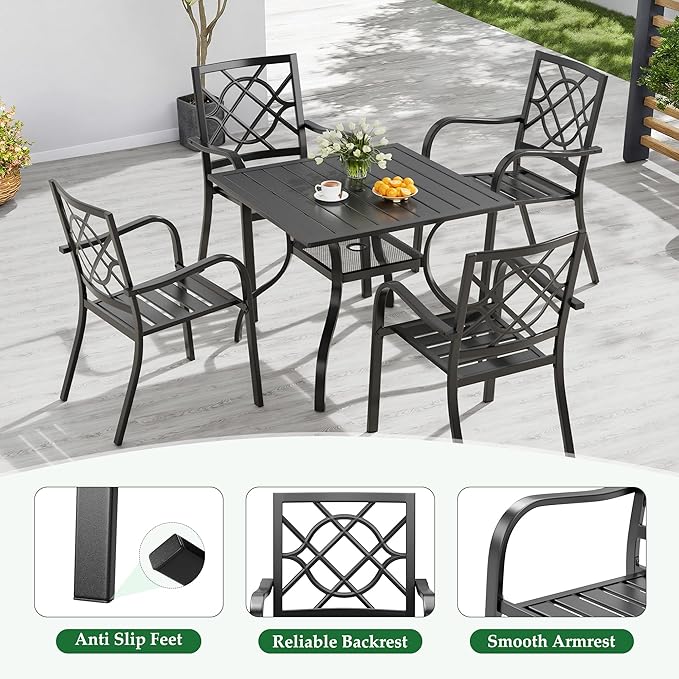 Crownland 5 Piece Outdoor Dining Set, Patio Metal Dining Sets, 4 Stackable Metal Chairs and Square Outdoor Dining Table with 1.57" Umbrella Hole, for Backyard, Lawn, Garden (Classic Black)