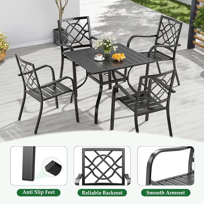 Oakcloud 5-Piece Patio Dining Set, Outdoor Metal Furniture Dining Table Set 4 Stackable Patio Dining Chairs and Square Dining Table with Umbrella Hole, Black