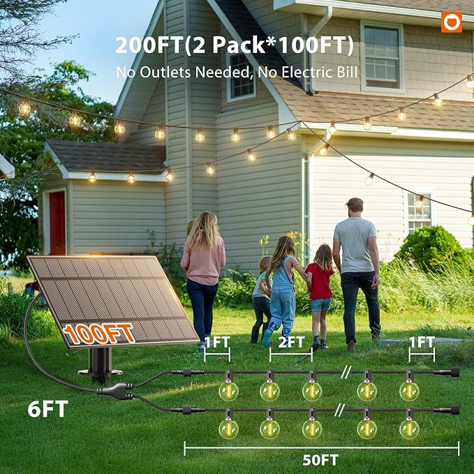 addlon 200FT(2 Pack*100FT) Solar String Lights Outdoor Waterproof Remote | Dimmable Commercial Grade Solar Powered String Lights with 108 LED Bulbs, Hanging Light for Backyard Party Decor