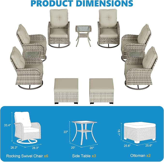 11-Piece Small Patio Furniture Set, Outdoor Swivel Rocking Chairs Set with Ottomans, Patio Bistro Set for Balcony, Deck, Porch,Ivory