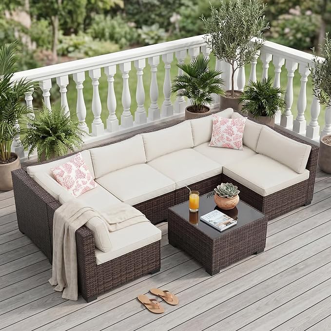 7 PCS Outdoor Sectional Furniture Set, Wicker Conversation Set Sofa, Brown | Freely combinable outdoor conversation sofa Weather resistant rattan wicker furniture Easy clean