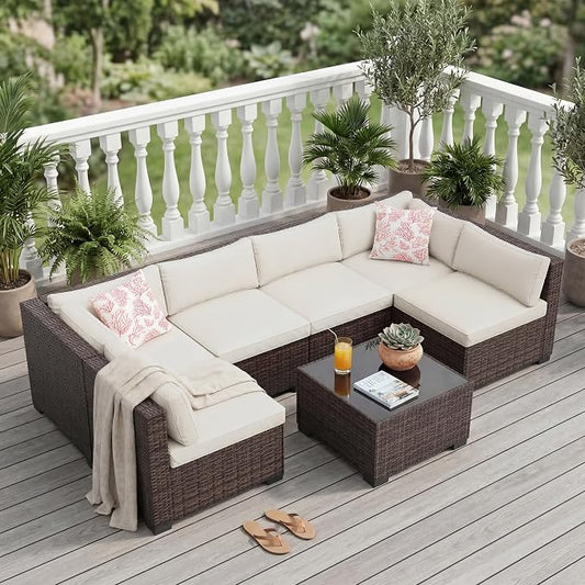 Litake 7 Piece Patio Furniture Sets, Iron Frame with Gradient Wicker, Soft Cushions, Modular Outdoor Conversation Furniture for Garden, Backyard & Patio