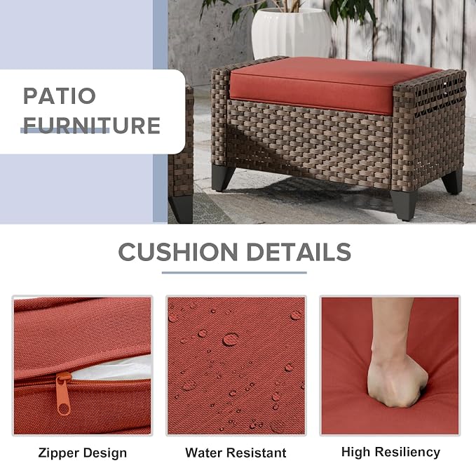 COOS BAY Modern Wicker Outdoor Furniture Set, 3 Piece Patio Conversation Set with a 3 Seat Couch and 2 Ottomans, 3 Piece, Brown/Red