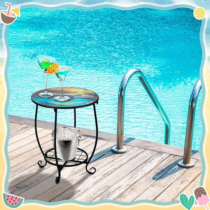 Cinnvoice Outdoor Side Table Round Small Mosaic Patio Accent Indoor End Plant Coffee Tea Table for Yard Patio Porch Garden Living Room, Bedroom(Turtle Style,14 Inch)