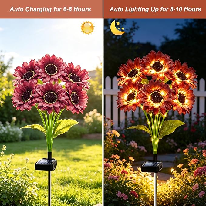 MRHEPHAESTUS Solar Garden Lights Outdoor, 6 Pack Solar Brown Sunflower Lights with 18 Head 3.5 Inch Flowers, Waterproof Flowers Light Fall Decor Auto ON/Off for Garden Yard Patio, Gifts for Mom Women