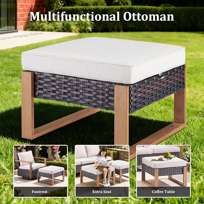 5PCS Swivel Patio Furniture Set, Outdoor Wicker Sofa and Swivel Rocker Chairs, All-Weather Conversation Set for Backyard, Deck and Poolside Beige