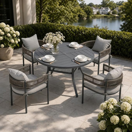 VICLLAX Patio Dining Set, 40.7" Dark Grey Table & 4 Chairs with Grey Cushion