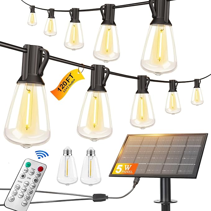 BLIATLUS 120FT Solar String Lights, Waterproof Remote 30+2 Shatterproof ST38 LED for Patio Garden