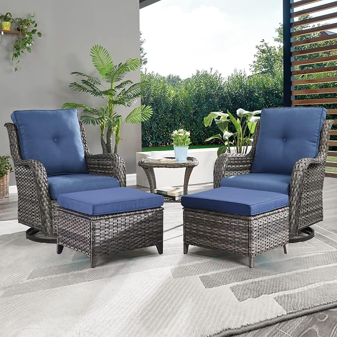 Rilyson Wicker Patio Furniture Set - 5 Piece Rattan Outdoor Sectional Conversation Sets with 2 Swivel Rocking Chairs,2 Ottomans and 1 Side Table for Porch Deck Garden(Mixed Grey/Blue)