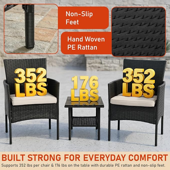 NChanmar 3 Pieces Patio Furniture Outdoor Bistro Set Outdoor&Indoor Conversation Set Coffee Table Chairs Set for 2 with Water-Resistant Cushions for Lawn Yard Garden Porch Balcony and Pool,Black