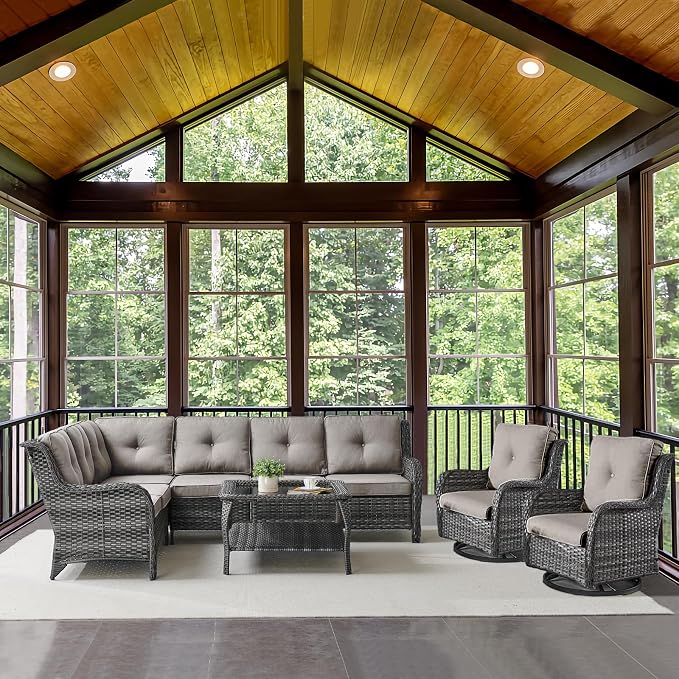 Belord Patio Furniture Set 6 Seats, Outdoor Swivel Rocker Patio Chairs, Oversized Outdoor Sectional Couch, Two 3-Seater Sofas with Coffee Table, Ideal for Porch, Deck, Gray Wicker/Gray