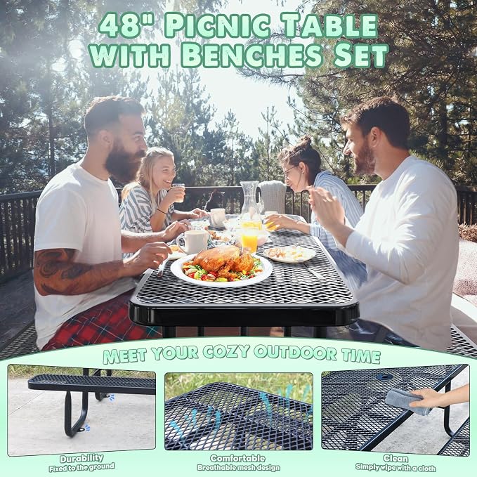 4FT/48IN Heavy Duty Outdoor Picnic Table and 2 Benches for 2-6 People, Weather Resistant Rectangular Steel Picnic Table Set with Umbrella Hole for Yard Patio Lawn Party Black