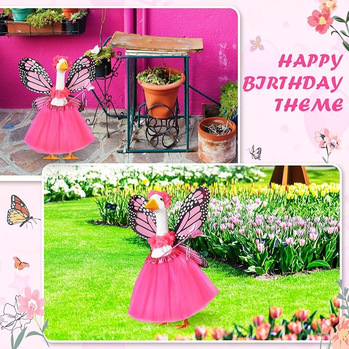 5pcs Butterfly Porch Goose Outfit Costume Tutu Skirt Butterfly Wing Wand Flower Crown for 17‘' 23‘' Cement Goose