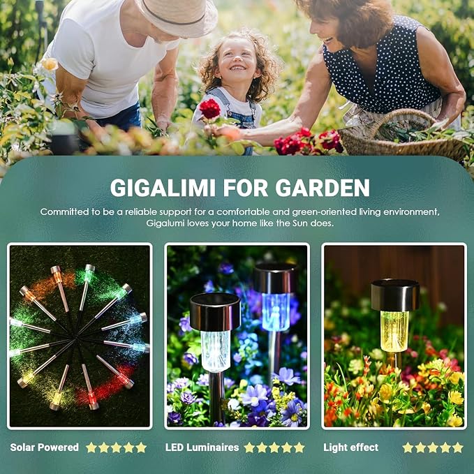 GIGALUMI Solar Garden Lights Outdoor, 12 Pack 6-Color, IP65 Waterproof Decorative Pathway Lights, Stainless Steel LED Landscape Lighting for Yard, Lawn, Walkway