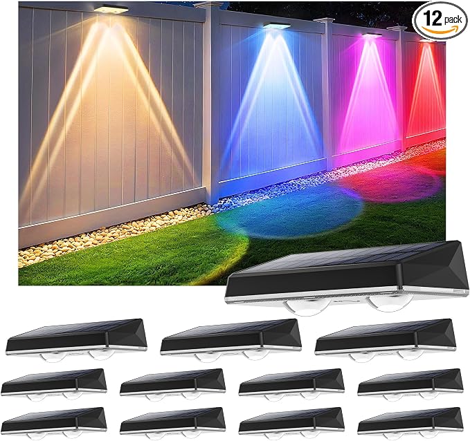 Solar Fence Lights Outdoor - 12 Pack RGB Fence Lights Solar Powered, 7 Color Modes & Warm White, IP67 Waterproof Dusk to Dawn Solar Powered Lights 12+ Hours for Fence/Backyard/Wall/Step/Patio/Deck