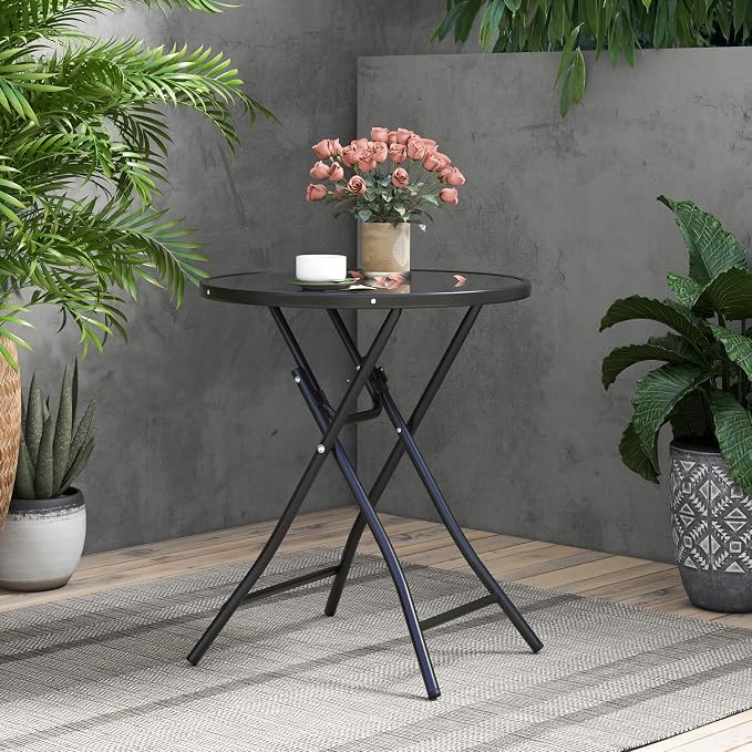 Tangkula 23 Inches Round Folding Table, Outdoor Patio Bistro Table with Tempered Glass Tabletop and Sturdy Metal Frame, Patio Side Table for Porch, Balcony, Deck
