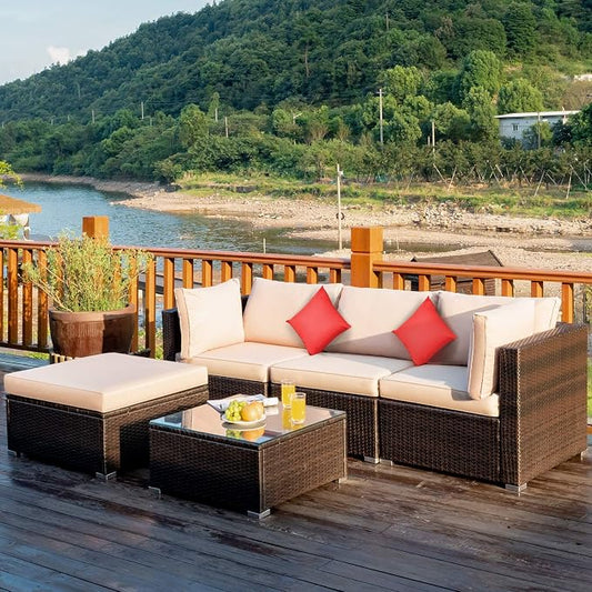 Tangkula 5 Pieces Patio Rattan Furniture Set, Outdoor Sectional Rattan Sofa Set with Back & Seat Cushions, Wicker Conversation Set with Tempered Glass Table for Backyard Porch Poolside (Brown)