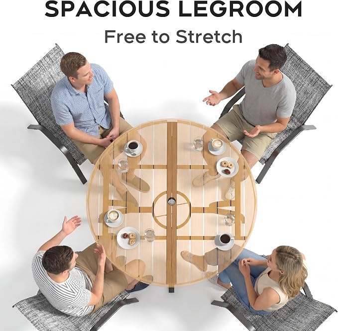 47” Patio Outdoor Dining Table, Wood-Grain Patio Round Table with Umbrella Hole, All-Weather Metal Dining Table for Party, Lawn & Garden