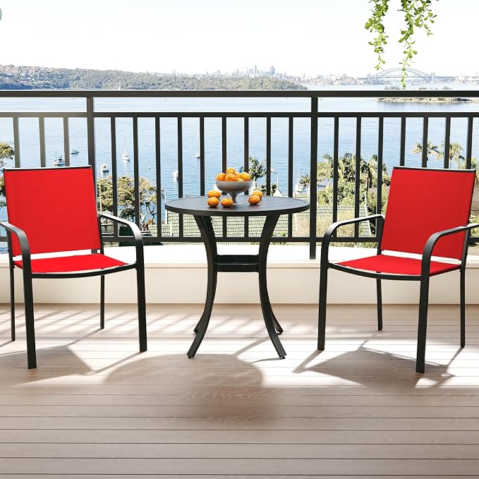 Anmutig 3-Piece Outdoor Dining Set, Small Metal Bistro Table with 2 Stackable Sling Chairs, 27.5 x 27.5 Inch Round Table, Red Fabric