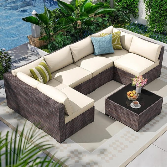7 Piece Outdoor Patio Furniture Set with Modular Rattan Wicker Sectional Sofa Couch, Water Washable Thick Cushions, Modern Outdoor Conversation Set with Coffee Table for Garden(Beige)