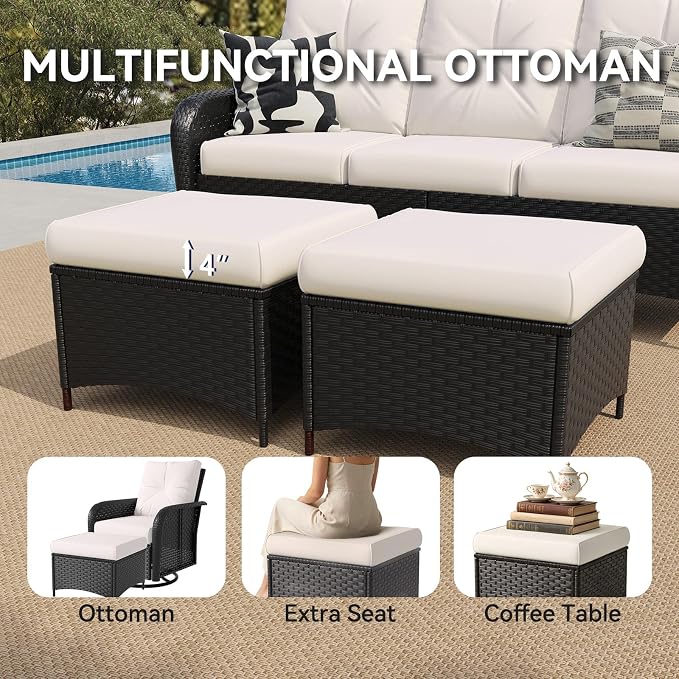 LazySunsets 12 Piece Outdoor Patio Furniture Set with 44'' Fire Pit Table, Wicker Rattan Outdoor Furniture with High Back Swivel Rocker Chairs, Outdoor Sofa Set with Thick Cushions & Ottoman, Beige