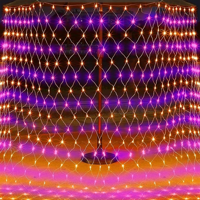 LJLNION Halloween Net Lights, 360 LED 12ft x 5ft Connectable Mesh Fairy String Lights, 8 Modes Low Voltage Safe Adaptor for Xmas Trees Bushes Wedding Outdoor Garden Yard Decorations, Orange & Purple