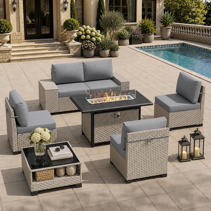 7-Piece Outdoor Patio Furniture Set with Fire Pit, Modular Sectional Sofa Set with Glass Coffee Table and Cushions, Wicker Outdoor Couch Conversation Sets, Gray