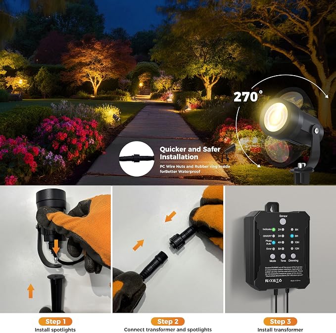 COLOER All-in-One Low Voltage Landscape Lighting Kit, 8 Pack 5W Die-cast Aluminum Landscape Lights with Transformer and Connectors, IP65 Waterproof Outdoor Spot Lights for Pathway Yard Garde