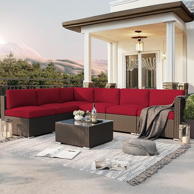 SUNCROWN 7-Piece Outdoor Patio Furniture Sofa Set All-Weather Wicker Sectional Conversation Set with Modern Glass Coffee Table and Cushions, Backyard, Garden, Red