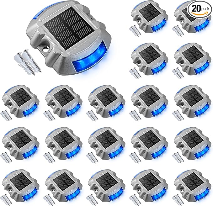 VOLISUN Solar Deck Driveway Dock Lights,Solar Pathway Lights,Blue 20 Pack | Solar Powered LED, IP68 Waterproof Led Outdoor Warning Step Marine Lights for Sidewalk Garden Yard