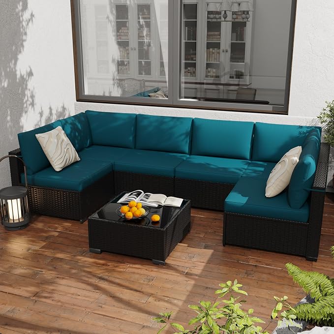 KIGOTY 7-Piece Patio Furniture Set, All-Weather PE Rattan Outdoor Sectional Sofa, Modular Wicker Conversation Set with Thick Cushions & Easy-Clean Coffee Table（Black/Blue）