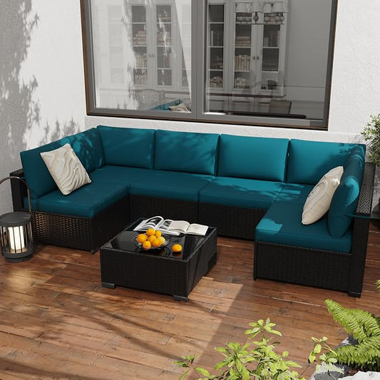 KIGOTY 7-Piece Patio Furniture Set, All-Weather PE Rattan Outdoor Sectional Sofa, Modular Wicker Conversation Set with Thick Cushions & Easy-Clean Coffee Table（Black/Blue）