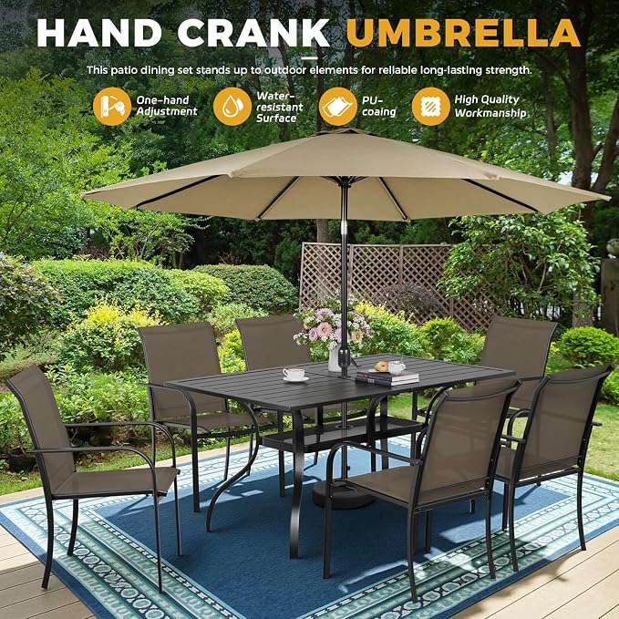 7-Piece Patio Dining Set with Umbrella,6 Person Outdoor Table and Chairs Set, 6 Metal Dining Chairs and Rectangular Outdoor Table with 1.57" Umbrella Hole,Khaki