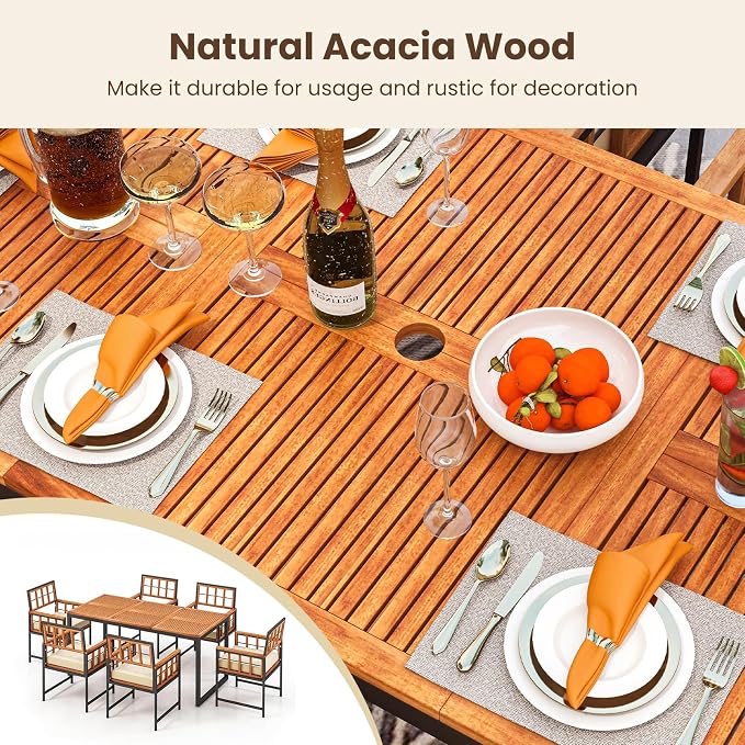 Tangkula 7 Pieces Patio Dining Set, Outdoor Acacia Wood Table and Chairs with Soft Cushions and 1.96” Umbrella Hole for Backyard, Garden, Poolside (Beige)