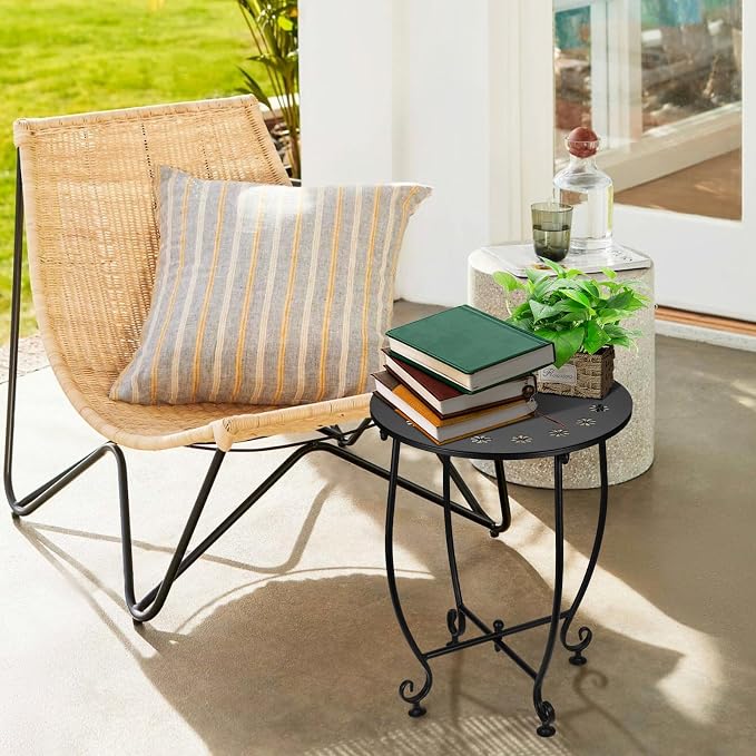 2 Pack Small Outdoor Side Tables for Patio, 14 Inch Metal Patio Side Table, Weather Resistant Steel Outdoor Round End Table for Patio Porch Garden Yard Balcony, Black (Petal)