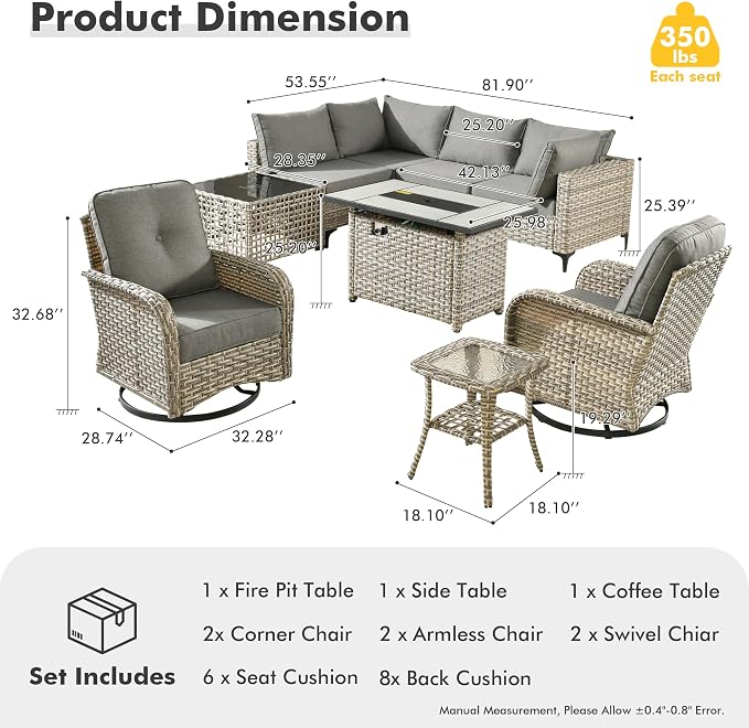 Outdoor Sectional Patio Furniture Set,9 Pieces All Weather Rattan Wicker Conversation Sets with Fire Pit,Out Door Furniture with Swivel Chairs Glowing Coffee Table,Dark Grey